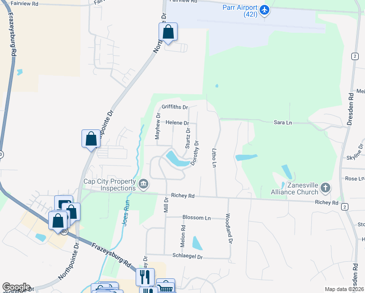 map of restaurants, bars, coffee shops, grocery stores, and more near 3945 Sturtz Drive in Zanesville