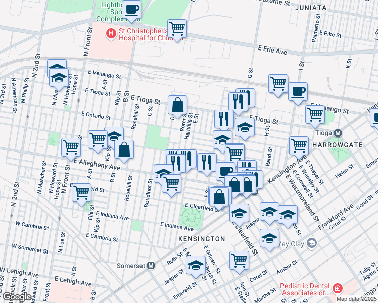 map of restaurants, bars, coffee shops, grocery stores, and more near 543 East Westmoreland Street in Philadelphia