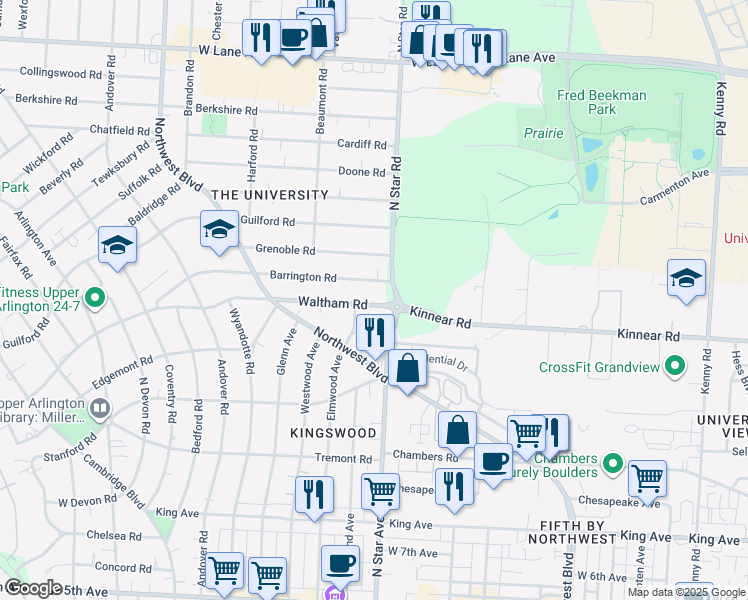 map of restaurants, bars, coffee shops, grocery stores, and more near 1518 Waltham Road in Upper Arlington