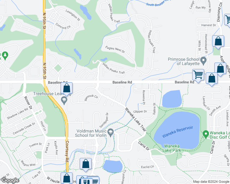map of restaurants, bars, coffee shops, grocery stores, and more near 121 High Country Trail in Lafayette