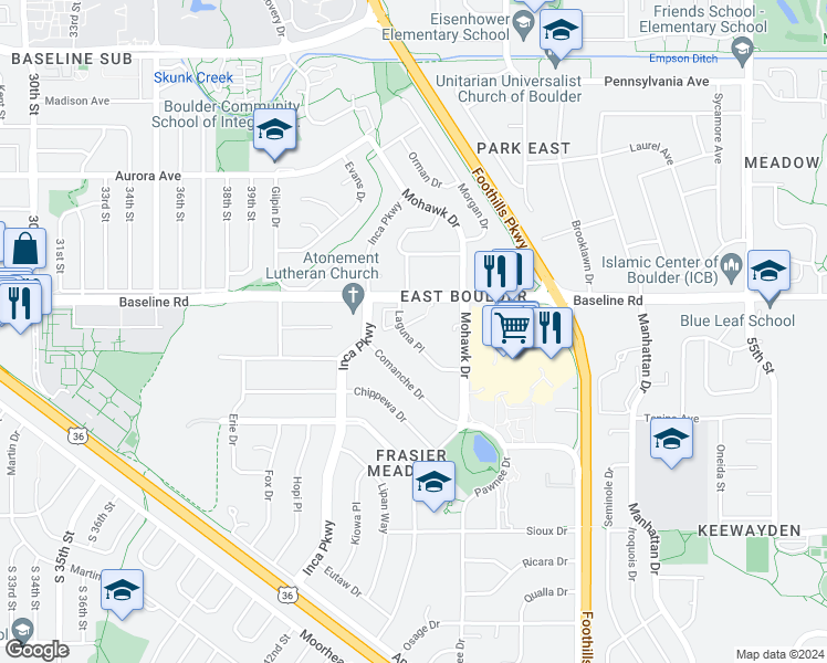 map of restaurants, bars, coffee shops, grocery stores, and more near 4475 Laguna Place in Boulder
