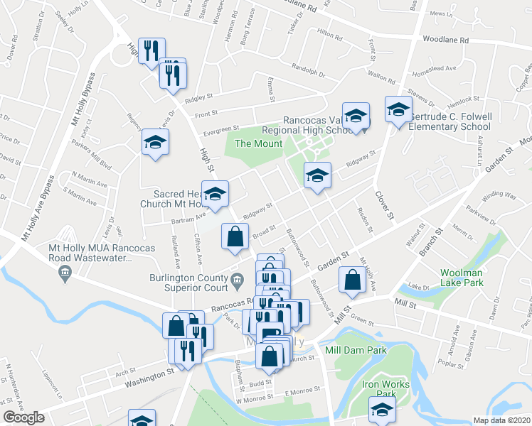 map of restaurants, bars, coffee shops, grocery stores, and more near 38 Ridgway Street in Mount Holly