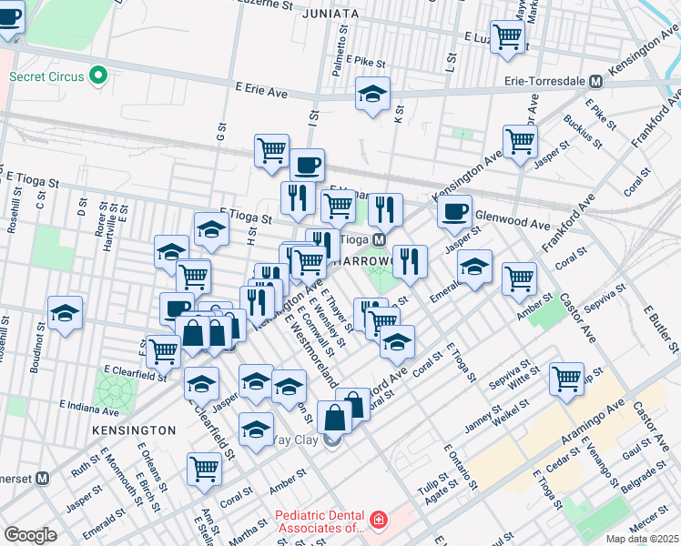 map of restaurants, bars, coffee shops, grocery stores, and more near 3411 Kensington Avenue in Philadelphia