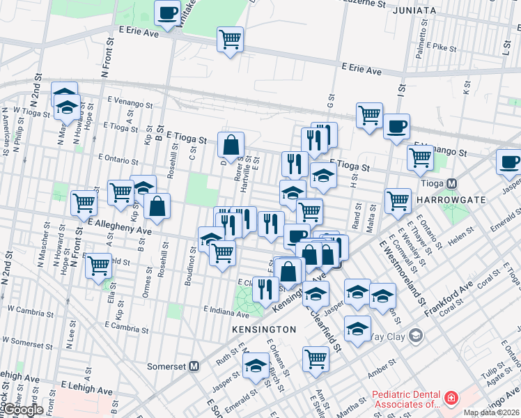 map of restaurants, bars, coffee shops, grocery stores, and more near 615 East Westmoreland Street in Philadelphia