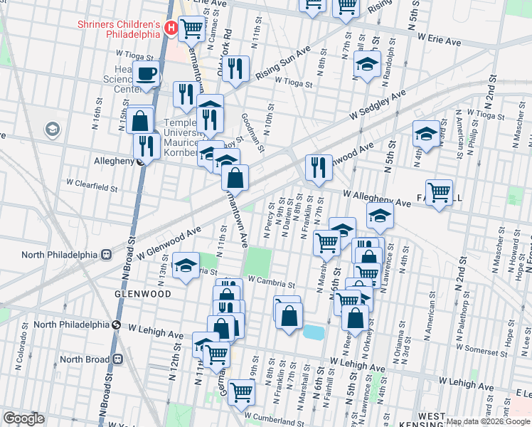 map of restaurants, bars, coffee shops, grocery stores, and more near 3068 North Percy Street in Philadelphia
