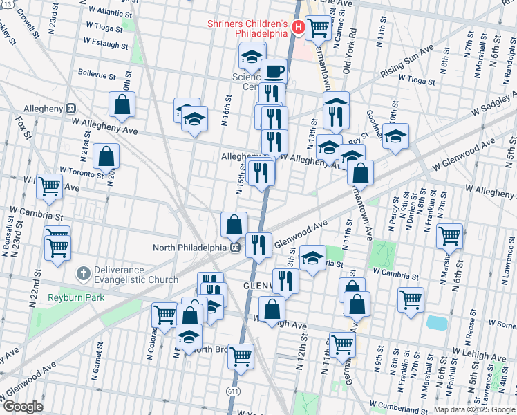 map of restaurants, bars, coffee shops, grocery stores, and more near 1430 West Mayfield Street in Philadelphia