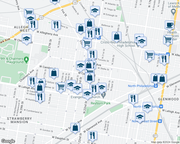map of restaurants, bars, coffee shops, grocery stores, and more near in Philadelphia