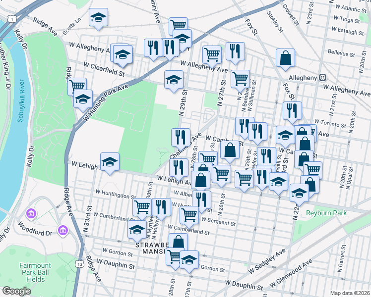map of restaurants, bars, coffee shops, grocery stores, and more near 2821 North Newkirk Street in Philadelphia