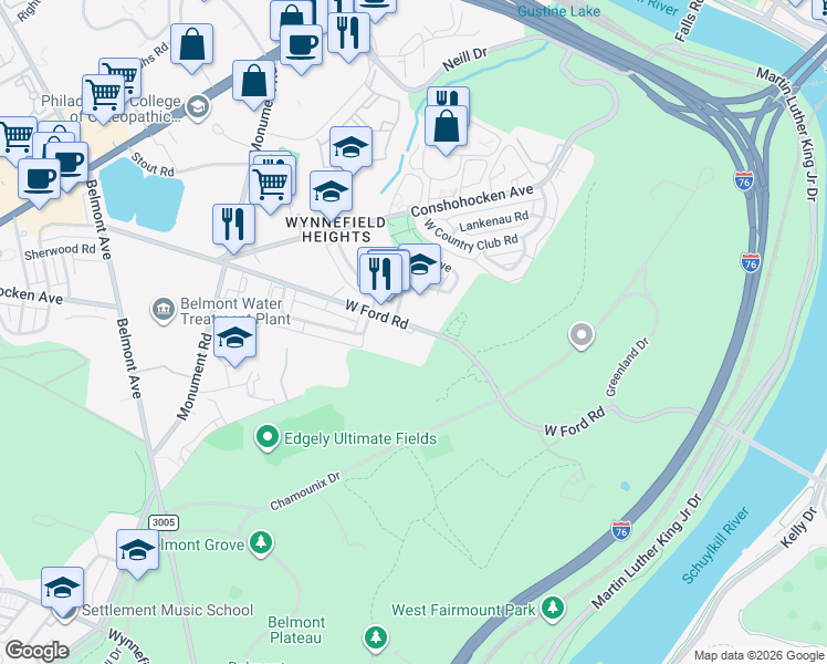 map of restaurants, bars, coffee shops, grocery stores, and more near 3900 West Ford Road in Philadelphia