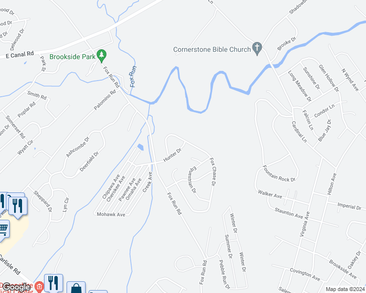 map of restaurants, bars, coffee shops, grocery stores, and more near 1564 Hunter Drive in Dover