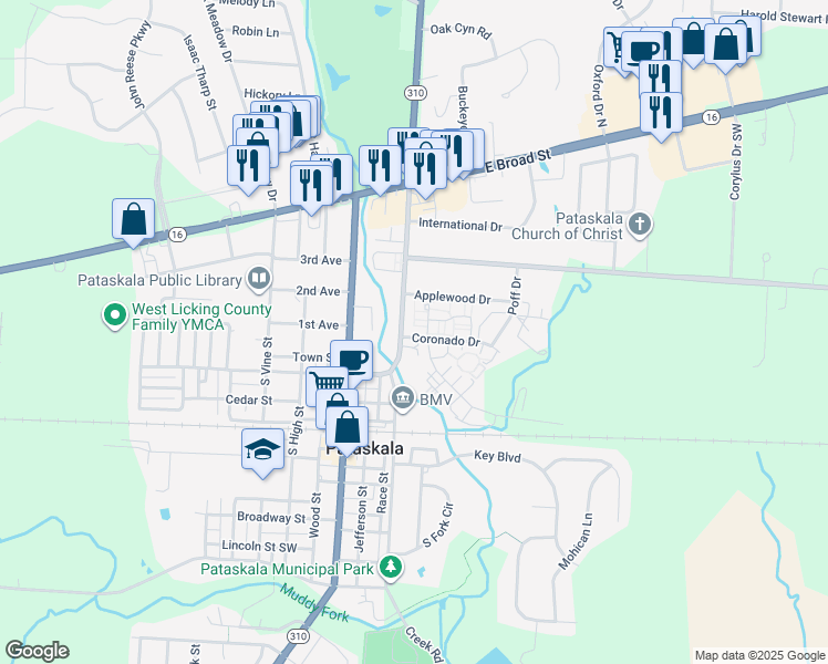 map of restaurants, bars, coffee shops, grocery stores, and more near 30 Coronado Drive in Pataskala