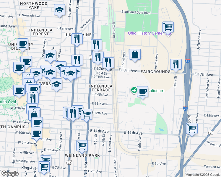 map of restaurants, bars, coffee shops, grocery stores, and more near 415 East 15th Avenue in Columbus