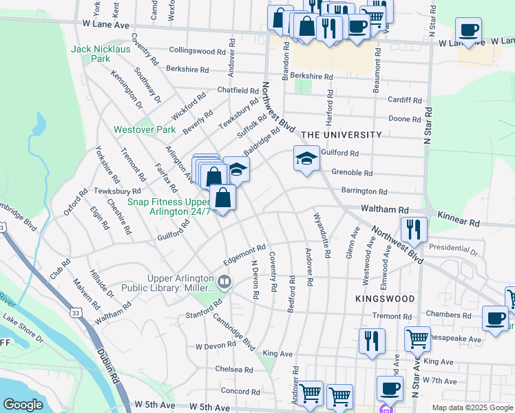 map of restaurants, bars, coffee shops, grocery stores, and more near 2078 Coventry Road in Upper Arlington