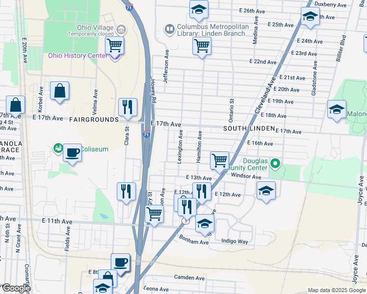 map of restaurants, bars, coffee shops, grocery stores, and more near 968 East 15th Avenue in Columbus