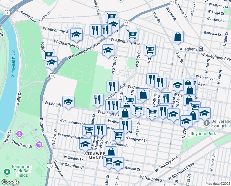 map of restaurants, bars, coffee shops, grocery stores, and more near 2821 North Newkirk Street in Philadelphia