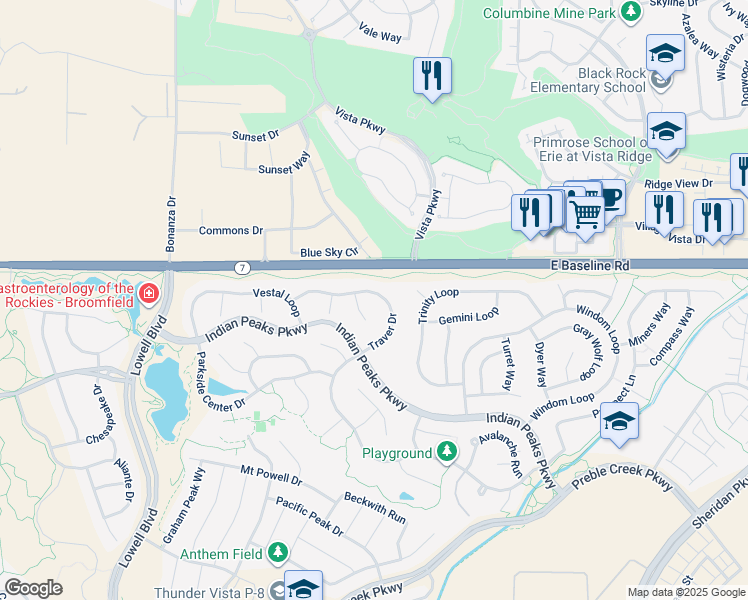map of restaurants, bars, coffee shops, grocery stores, and more near 16712 Cathedral Way in Broomfield