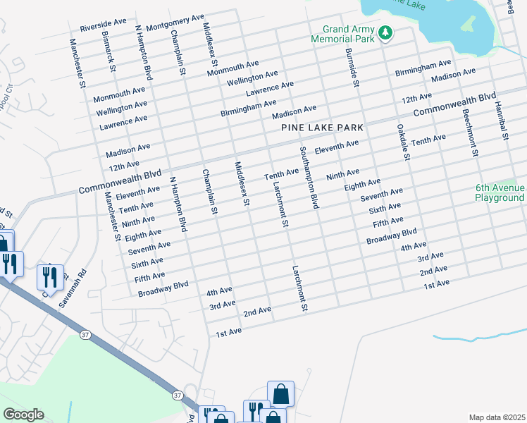 map of restaurants, bars, coffee shops, grocery stores, and more near 1016 Eighth Avenue in Toms River