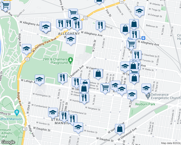 map of restaurants, bars, coffee shops, grocery stores, and more near 2841 North 27th Street in Philadelphia