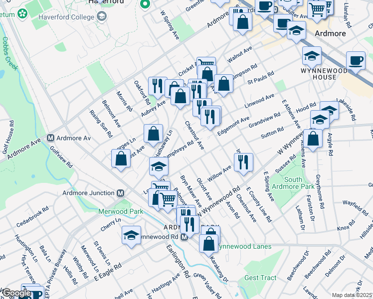 map of restaurants, bars, coffee shops, grocery stores, and more near 763 Humphreys Road in Ardmore