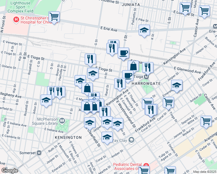 map of restaurants, bars, coffee shops, grocery stores, and more near 3355 Rand Street in Philadelphia