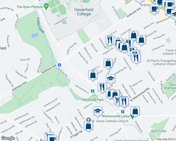 map of restaurants, bars, coffee shops, grocery stores, and more near 614 Georges Ln in Ardmore