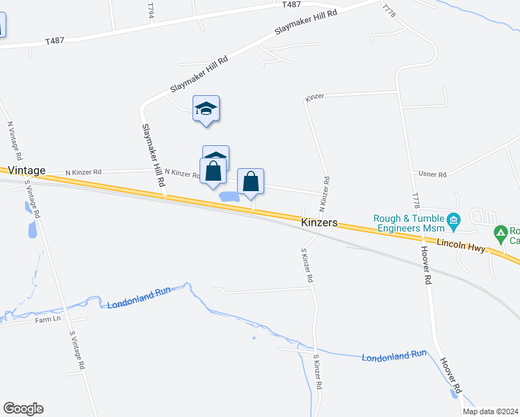 map of restaurants, bars, coffee shops, grocery stores, and more near 3553 Lincoln Highway East in Kinzers