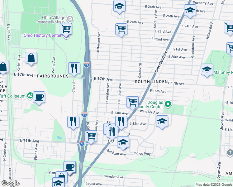map of restaurants, bars, coffee shops, grocery stores, and more near 1026 East 15th Avenue in Columbus