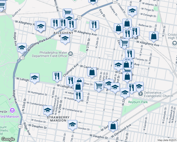 map of restaurants, bars, coffee shops, grocery stores, and more near 2842 North Bailey Street in Philadelphia