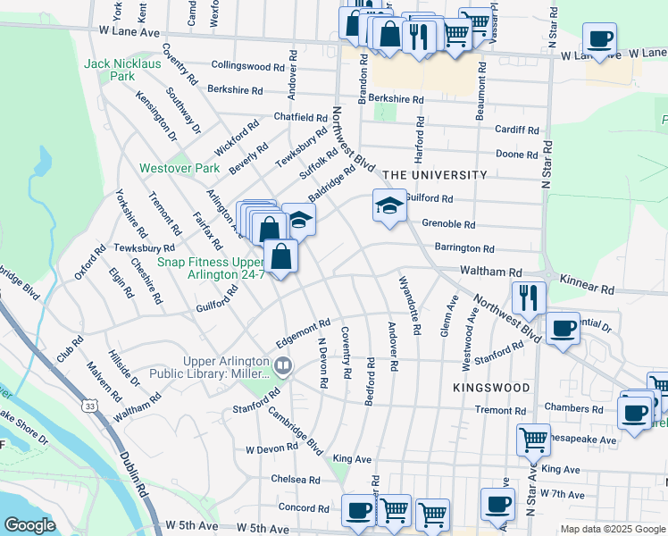 map of restaurants, bars, coffee shops, grocery stores, and more near 1856 Barrington Road in Columbus