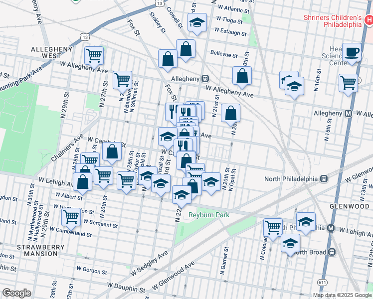 map of restaurants, bars, coffee shops, grocery stores, and more near 2913 North 22nd Street in Philadelphia