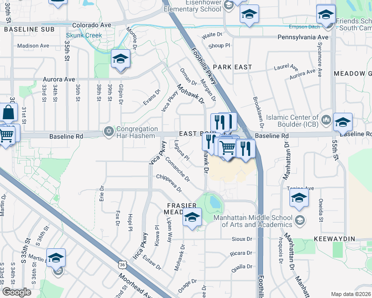 map of restaurants, bars, coffee shops, grocery stores, and more near 4475 Laguna Place in Boulder