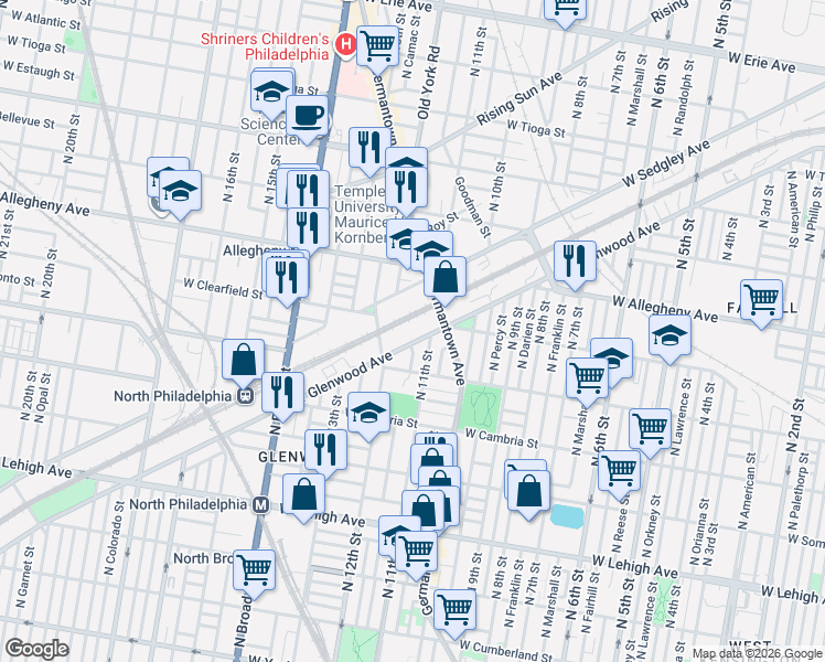map of restaurants, bars, coffee shops, grocery stores, and more near 3003 North 12th Street in Philadelphia