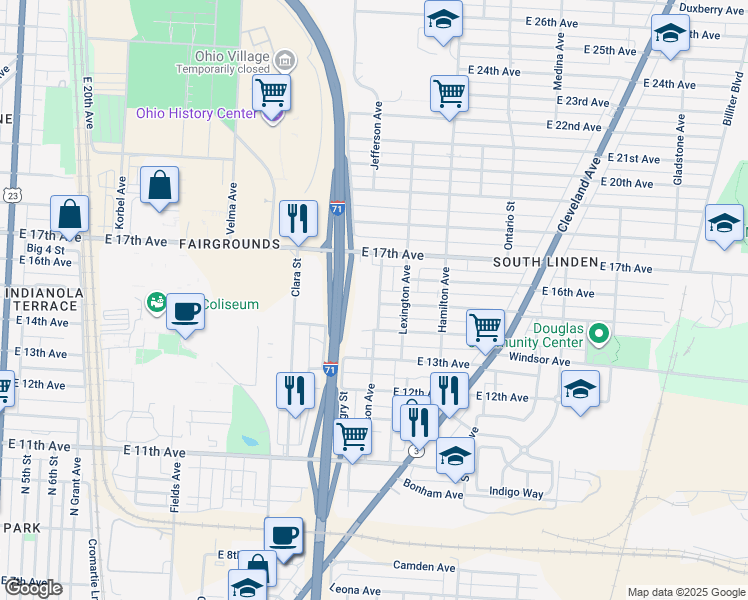 map of restaurants, bars, coffee shops, grocery stores, and more near 1669 Jefferson Avenue in Columbus