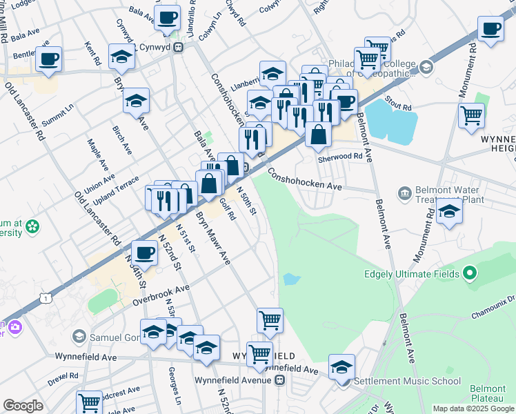 map of restaurants, bars, coffee shops, grocery stores, and more near 2433 North 50th Street in Philadelphia