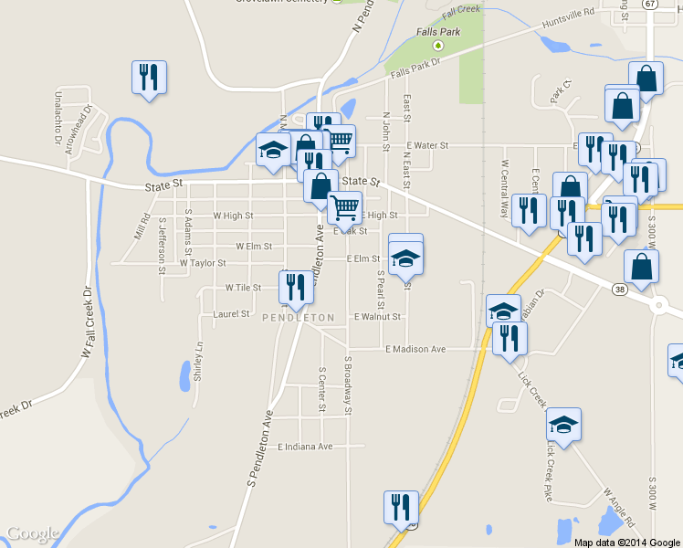map of restaurants, bars, coffee shops, grocery stores, and more near 312 South Broadway Street in Pendleton