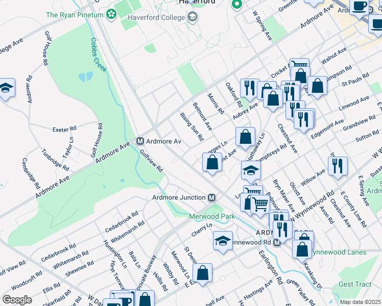 map of restaurants, bars, coffee shops, grocery stores, and more near 615 Malvern Road in Ardmore