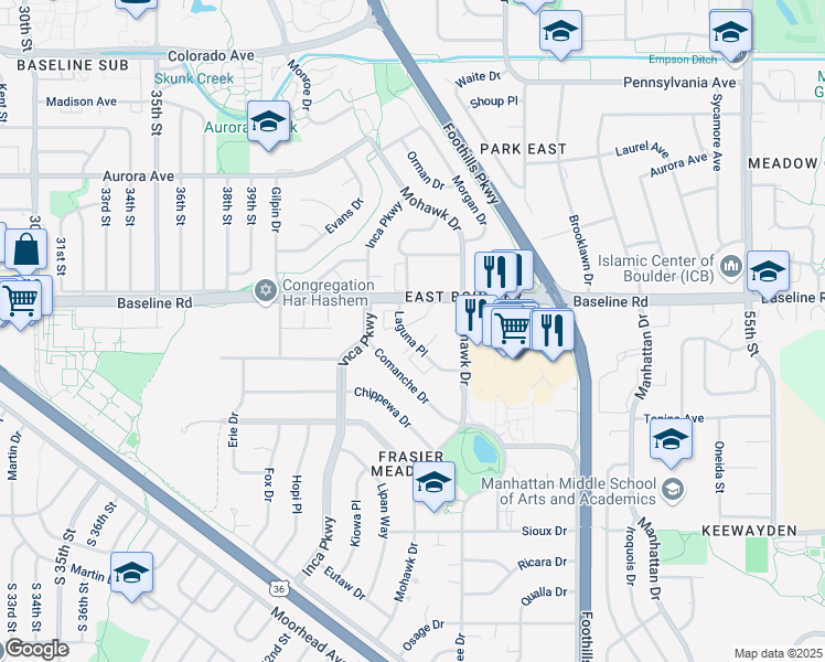 map of restaurants, bars, coffee shops, grocery stores, and more near 4475 Laguna Place in Boulder