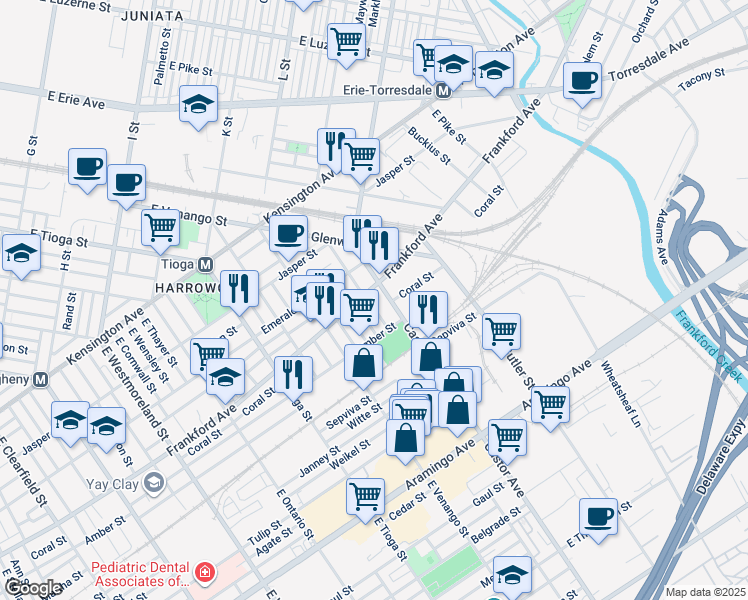 map of restaurants, bars, coffee shops, grocery stores, and more near 2045 Albright Street in Philadelphia