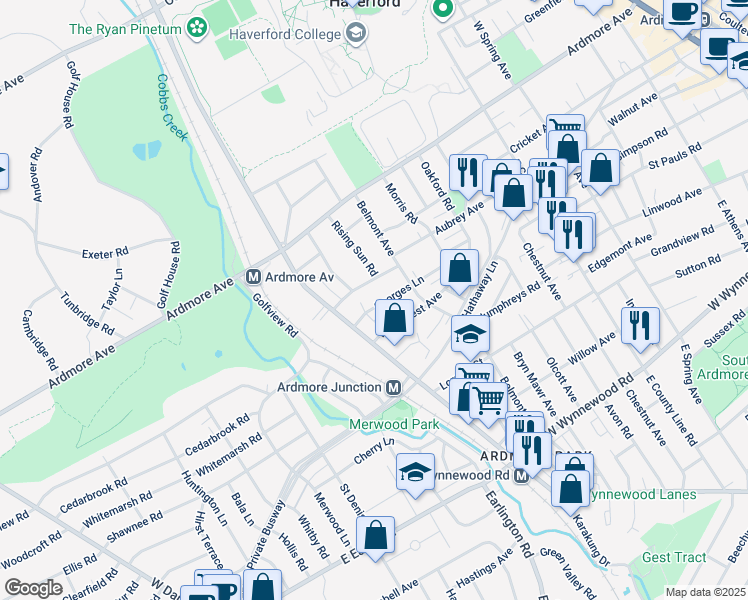 map of restaurants, bars, coffee shops, grocery stores, and more near 614 Georges Ln in Ardmore