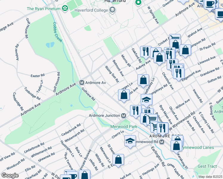 map of restaurants, bars, coffee shops, grocery stores, and more near 615 Malvern Road in Ardmore