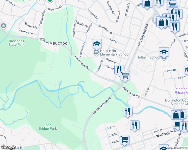 map of restaurants, bars, coffee shops, grocery stores, and more near 872 Rancocas Mount Holly Road in Westampton Township