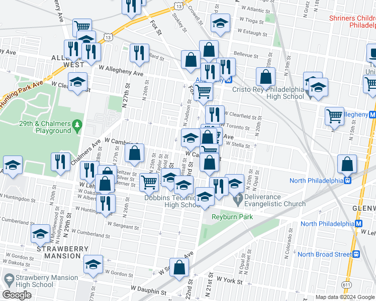 map of restaurants, bars, coffee shops, grocery stores, and more near 2903 North Bonsall Street in Philadelphia