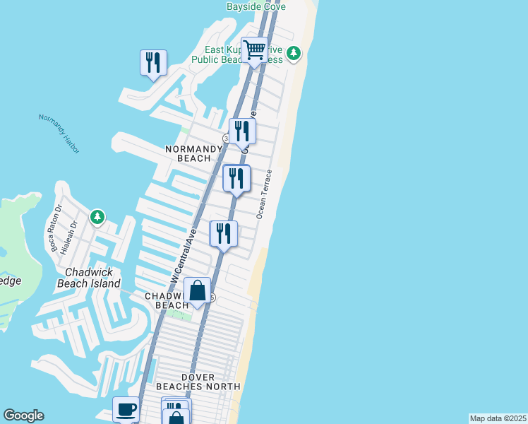 map of restaurants, bars, coffee shops, grocery stores, and more near 3622 Ocean Terrace in Lavallette