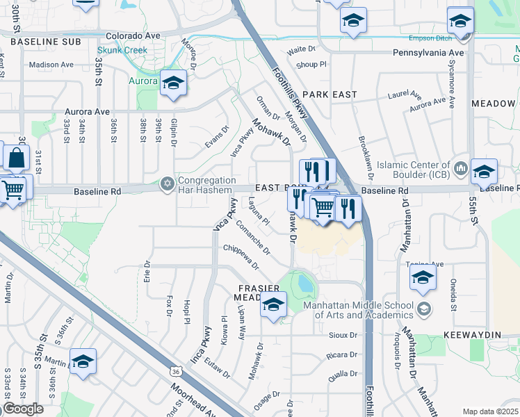 map of restaurants, bars, coffee shops, grocery stores, and more near 4475 Laguna Place in Boulder