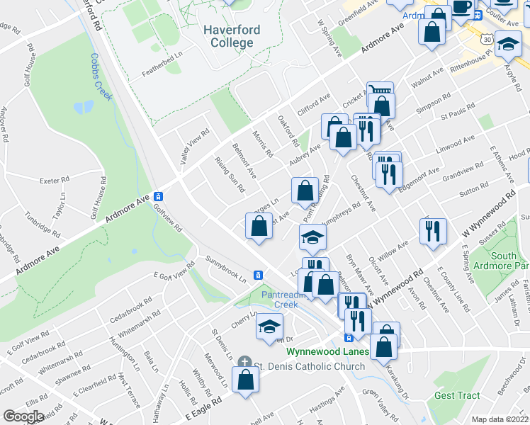 map of restaurants, bars, coffee shops, grocery stores, and more near 631 Georges Lane in Ardmore