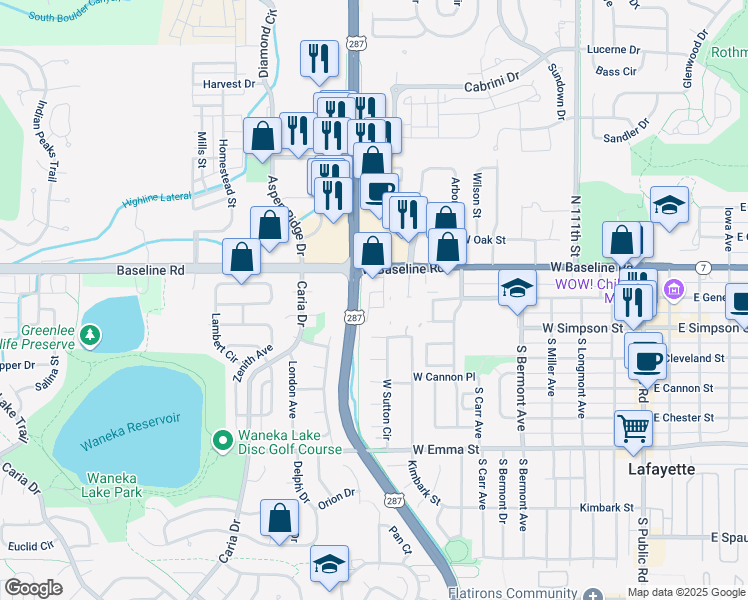 map of restaurants, bars, coffee shops, grocery stores, and more near in Lafayette