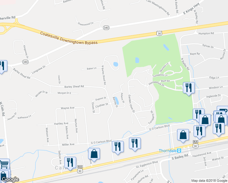 map of restaurants, bars, coffee shops, grocery stores, and more near 2621 Barclay Street in Coatesville