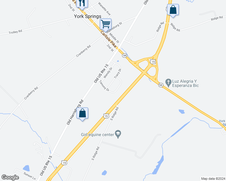 map of restaurants, bars, coffee shops, grocery stores, and more near 90 Tammy Drive in York Springs