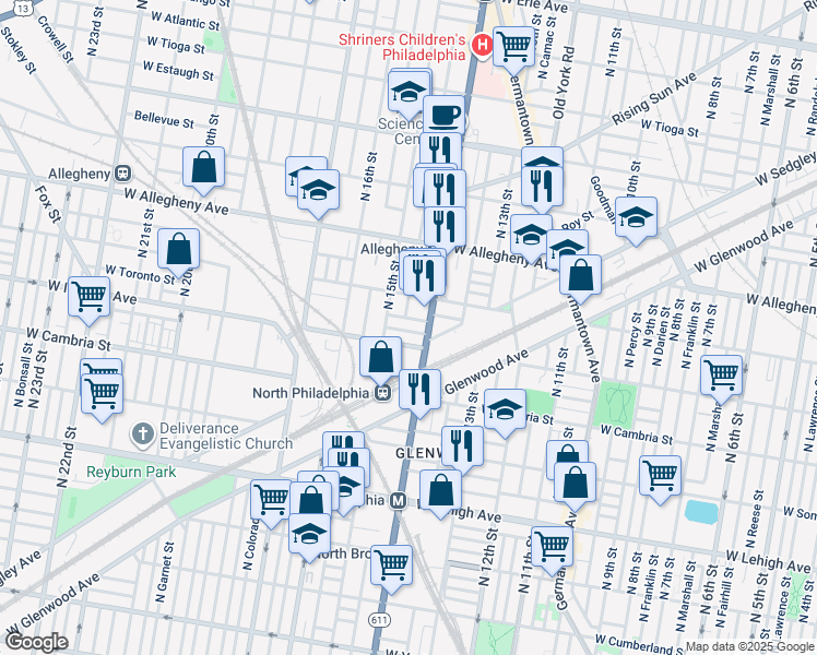 map of restaurants, bars, coffee shops, grocery stores, and more near 1419 West Mayfield Street in Philadelphia