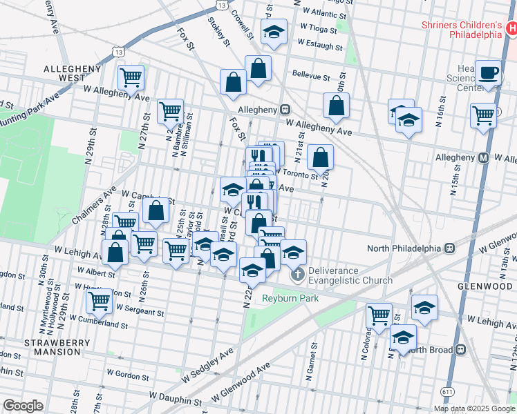 map of restaurants, bars, coffee shops, grocery stores, and more near 2913 North 22nd Street in Philadelphia